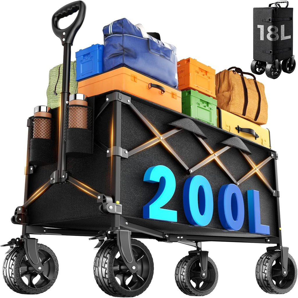 Heavy Duty Collapsible Wagon Cart, 200L Large Capacity Folding Beach Wagon With Big All-Terrain Wheels, Brake & Adjustable Handle, 500 Lbs Utility Cart For Camping, Sports, Garden And Grocery