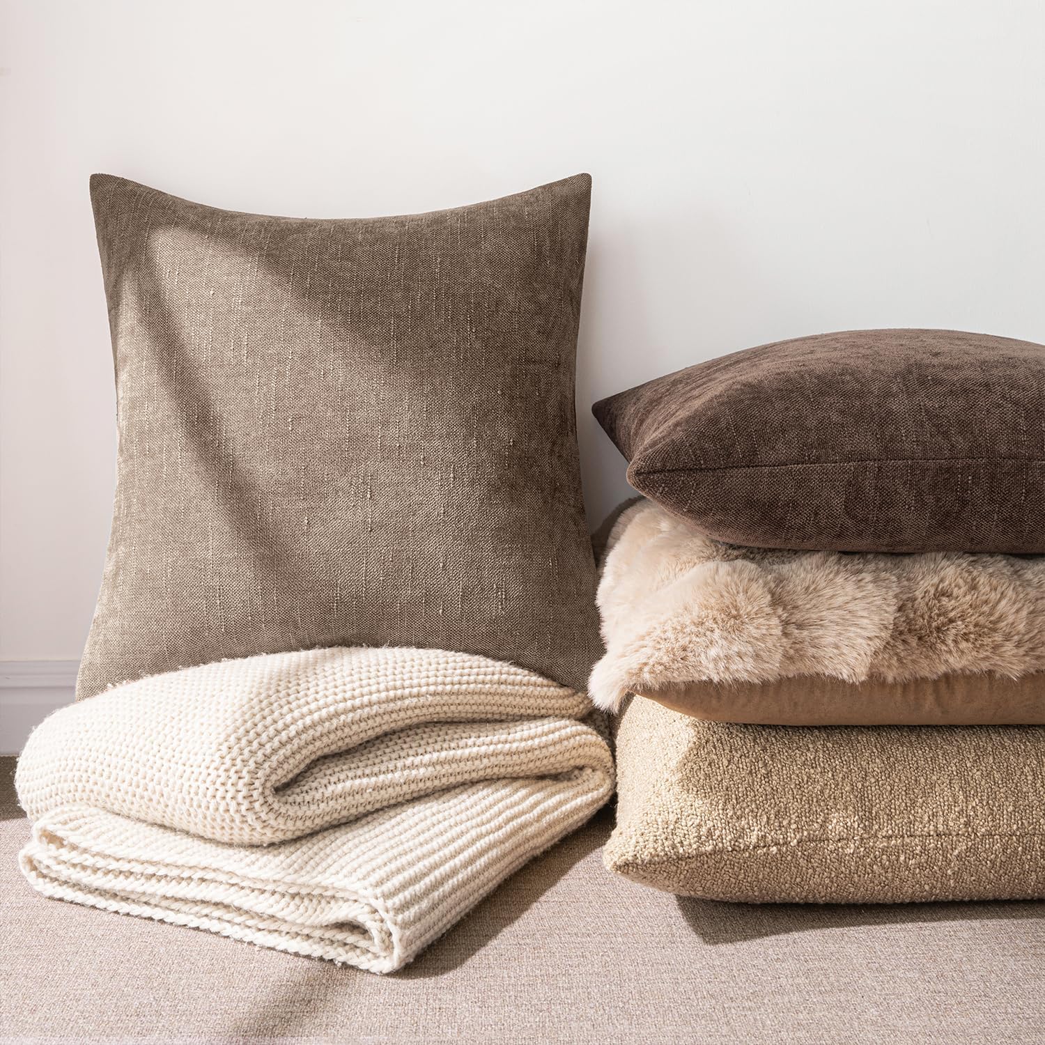 Miulee Pack Of 2 Decorative Throw Pillow Covers Soft Chenille Throw Pillows Solid Neutral Farmhouse Textured Cushion Covers For Couch Sofa Bedroom Living Room 20X20 Inch, Taupe Grey