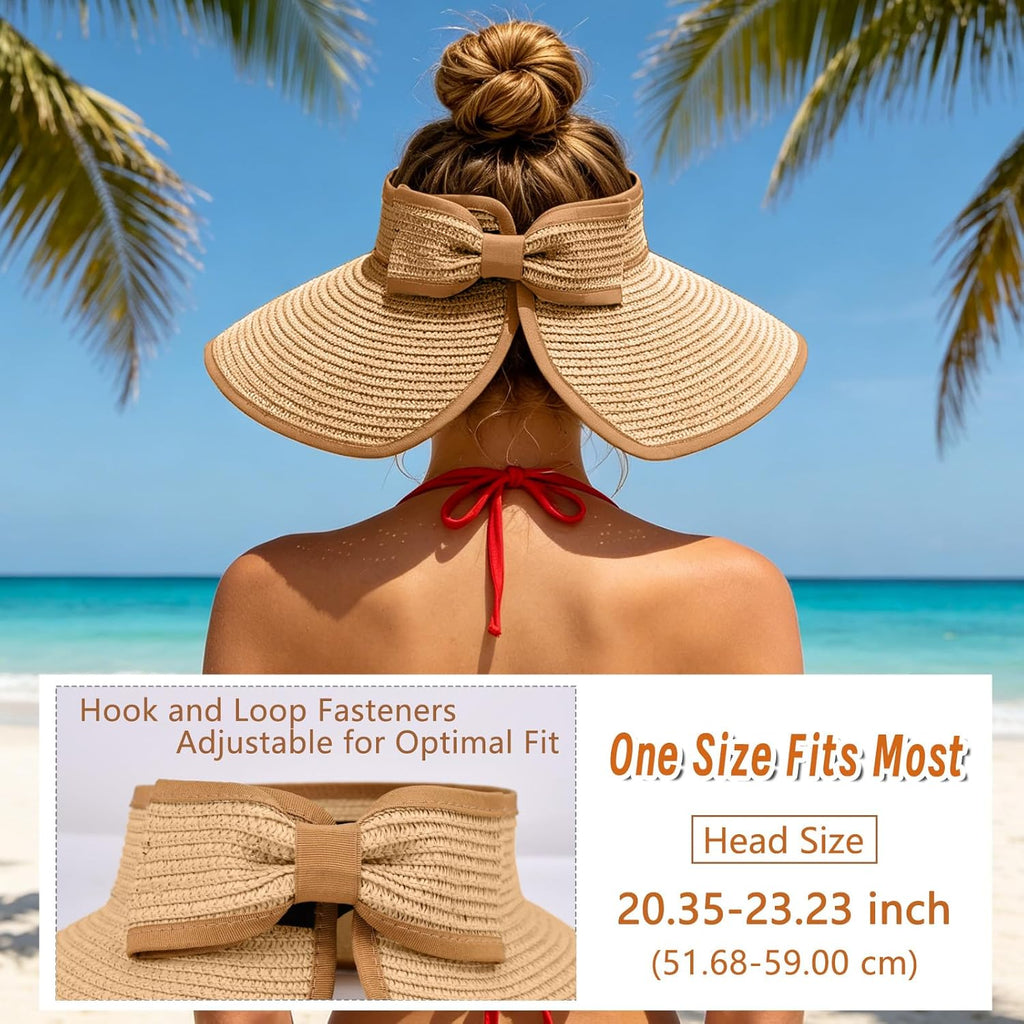Sun Hats Visor for Women, UV UPF Straw Beach Hat Foldable Wide Brim Ponytail Summer Hats Packable Travel