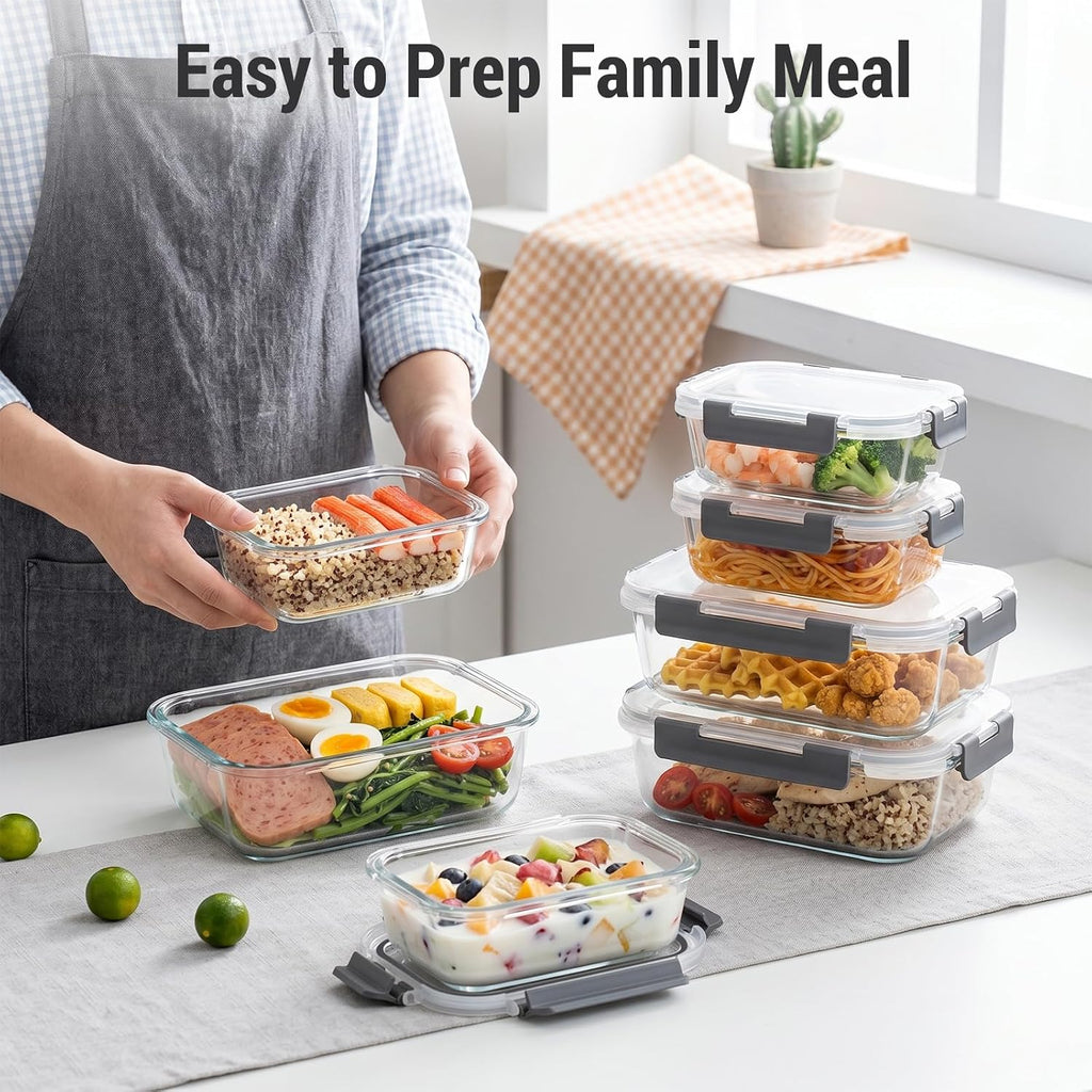 Dealusy 10 Sets (20-Piece) 36 Oz & 12 Oz Glass Food Storage Containers With Lids, Airtight Leak-Proof Glass Meal Prep Containers With Lids, Microwave Oven Freezer Dishwasher Safe, Gray