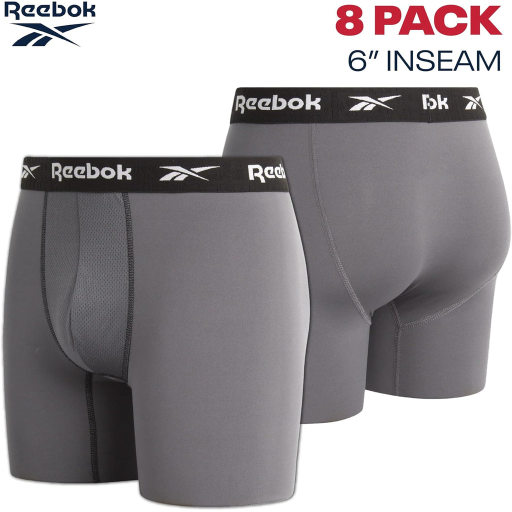 Reebok Mens Boxer Briefs - 8 Pack 6" Inseam Moisture Wicking Performance Mens Underwear Boxer Briefs With Contour Pouch
