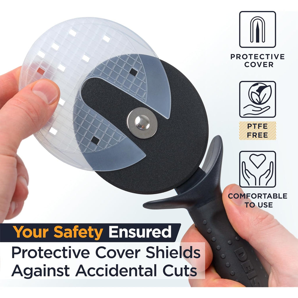Deiss Lux Heavy Duty Pizza Cutter With Wheel Slicer- Stainless Steel Sharp Smooth Pizza Cutter Wheel With Easy Grip Non-Slip Handle, Dishwasher Safe (Black)