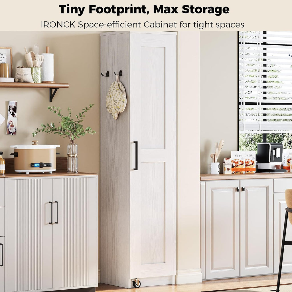 Ironck Narrow Kitchen Pantry Cabinet, 72" H,Slim For Small Place, White | Single Door With 6 Adjustable Shelves, Door Rack And Wheels, Space Saving Freestanding Storage Floor Cabinet