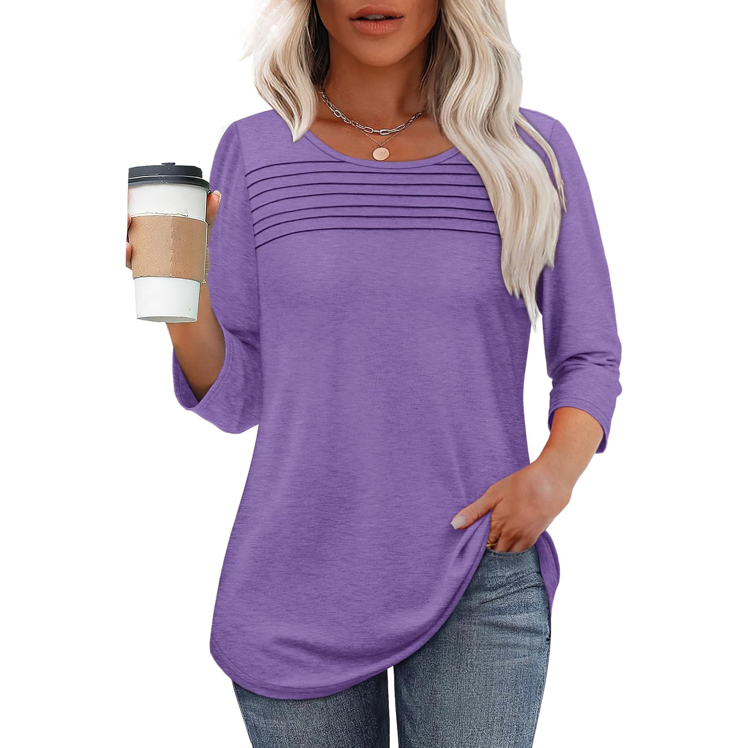 Ofeefan Womens Tops 3/4 Length Sleeve Blouses Dressy Casual Spring Summer Fall Outfits Pleated Front T Shirts Curved Hem