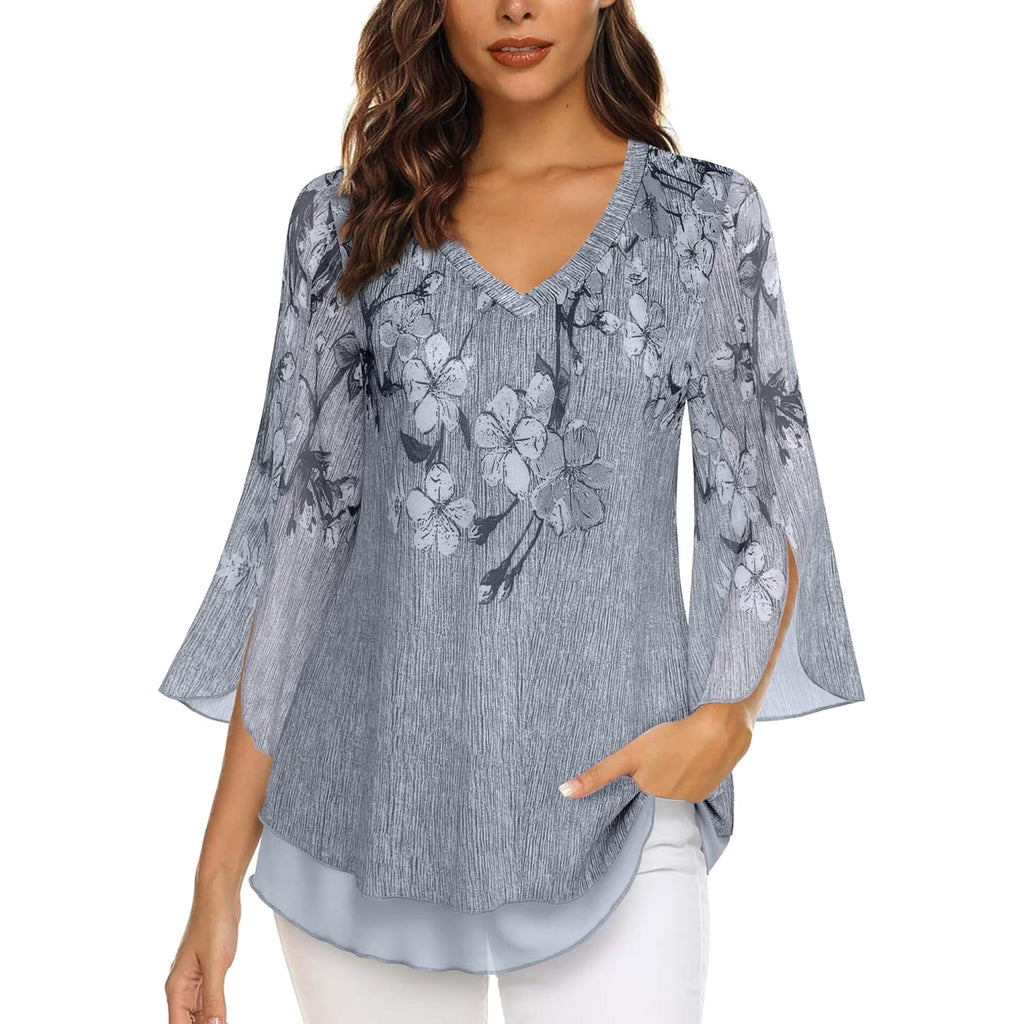 Women's 3/4 Sleeve Floral Blouses Shirts Double Layers V Neck Dressy Tunics Tops