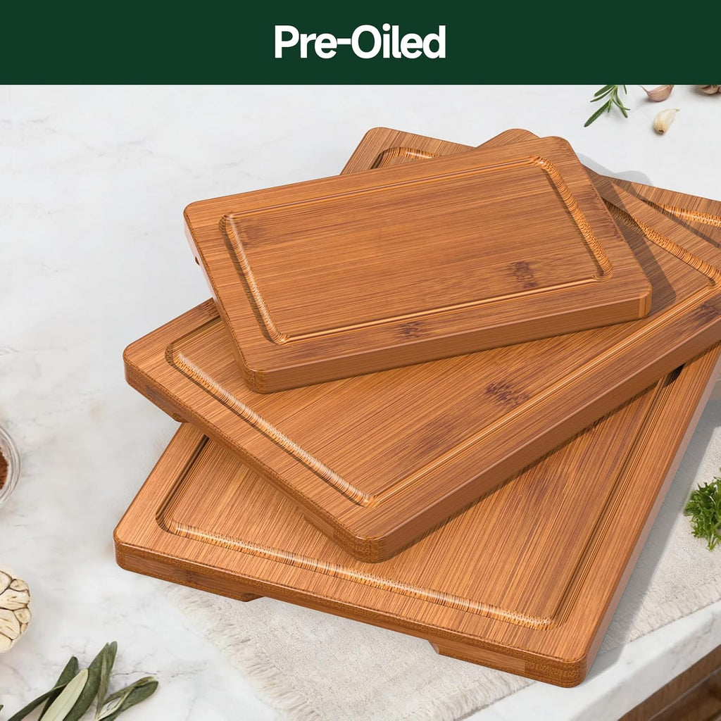 3-Piece Set Deep-Carbonized Bamboo Cutting Board For Kitchen - Crack-Resistant Wood Chopping Boards With Deep Juice Grooves, Pre-Oiled Butcher Block For Meat, Vegetables & Cheese, Carbonized