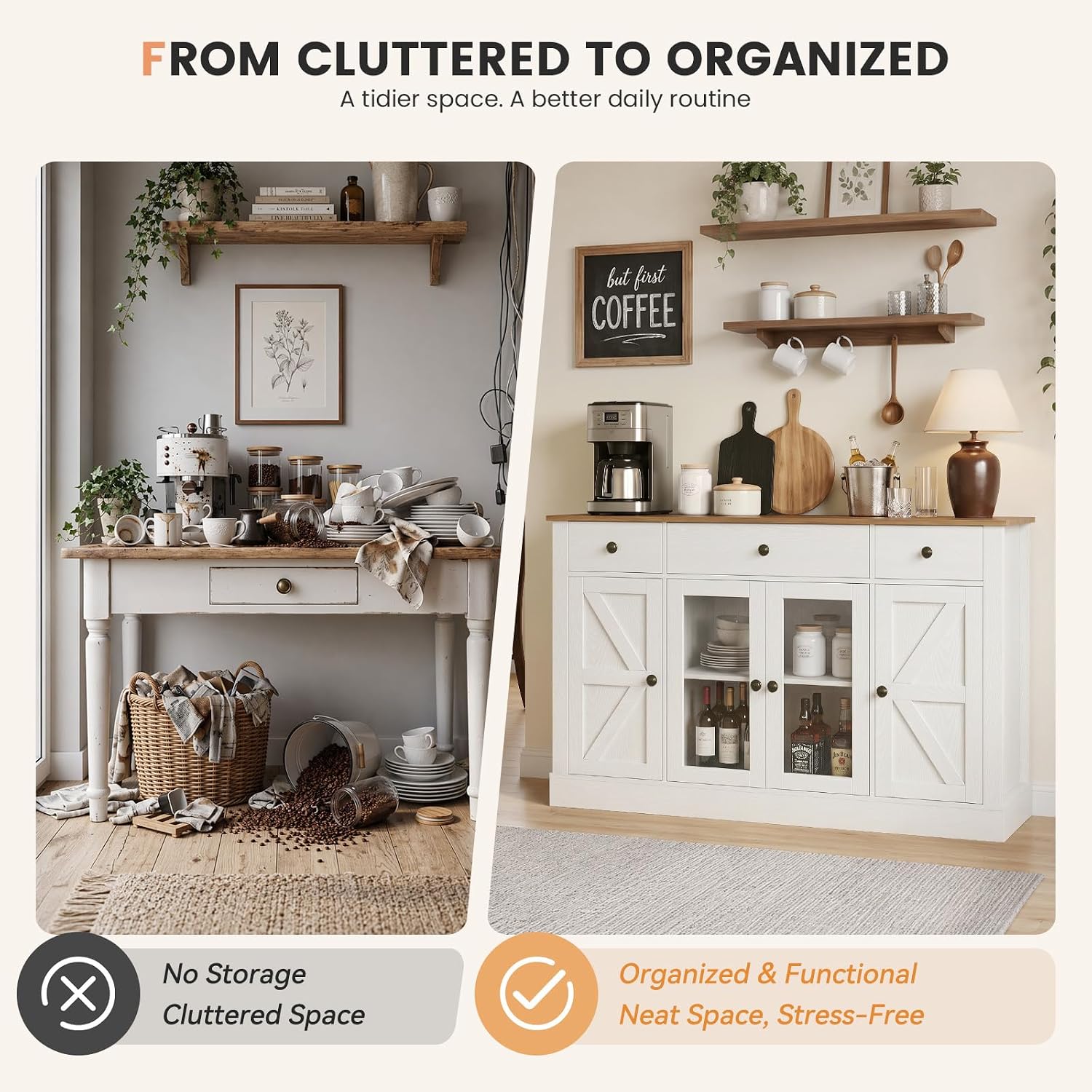 55" Large Buffet Cabinet With Storage, Coffee Bar Cabinet With 4 Doors And 3 Drawers, Kitchen Cabinet With Plexiglass Doors For Living Room, White