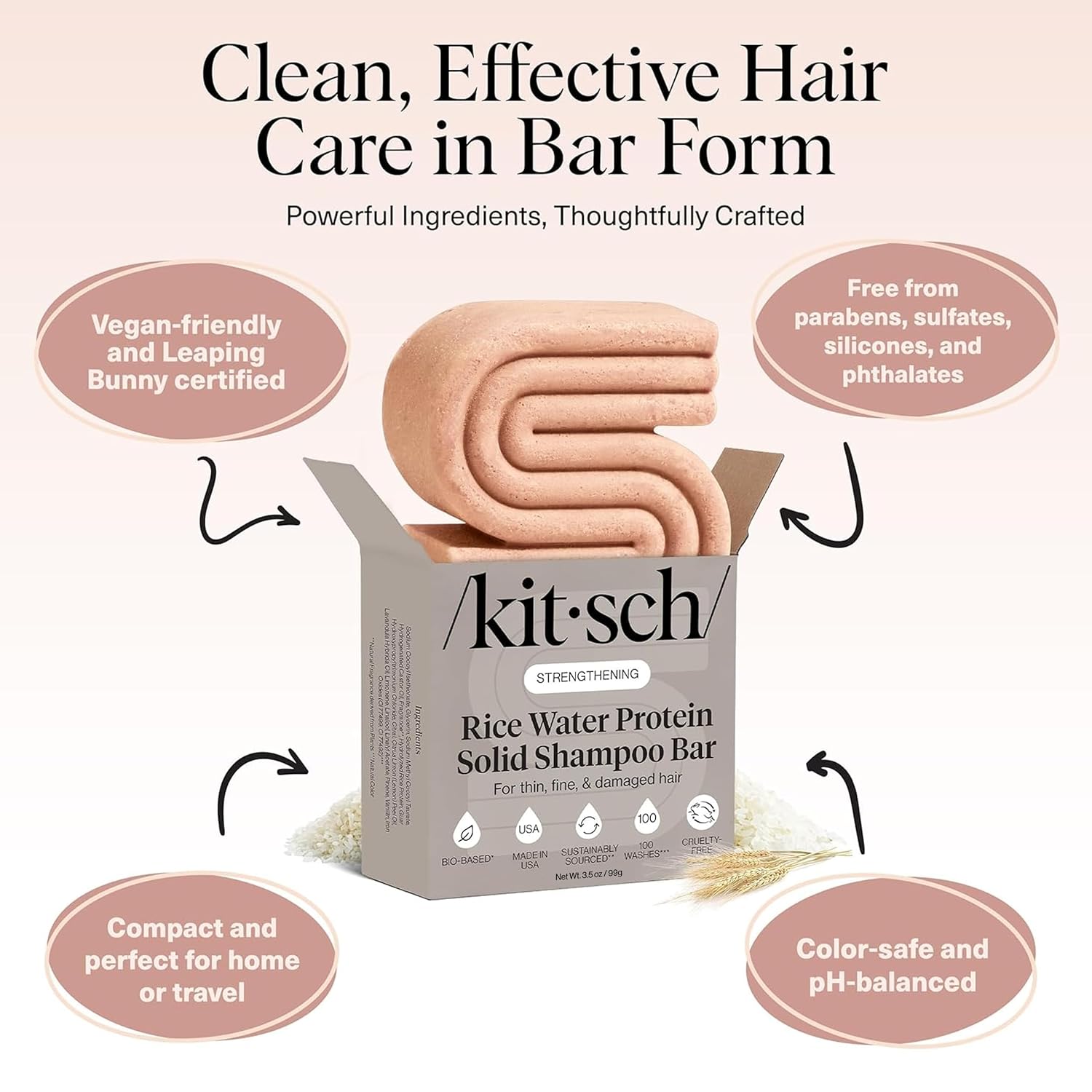 Kitsch Rice Water Shampoo Bar Soap For Hair Growth – Made In Usa, 3.5 Oz | Strengthening Hair Shampoo For Women & Men – Reduce Breakage, Boosts Shine – Paraben, Silicone & Sulfate-Free Hair Care