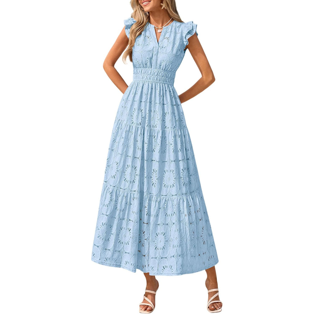 Prettygarden Womens Boho Maxi Dresses 2026 Summer Floral Lace Eyelet V Neck Spring Wedding Guest Dress Beach Vacation Clothes