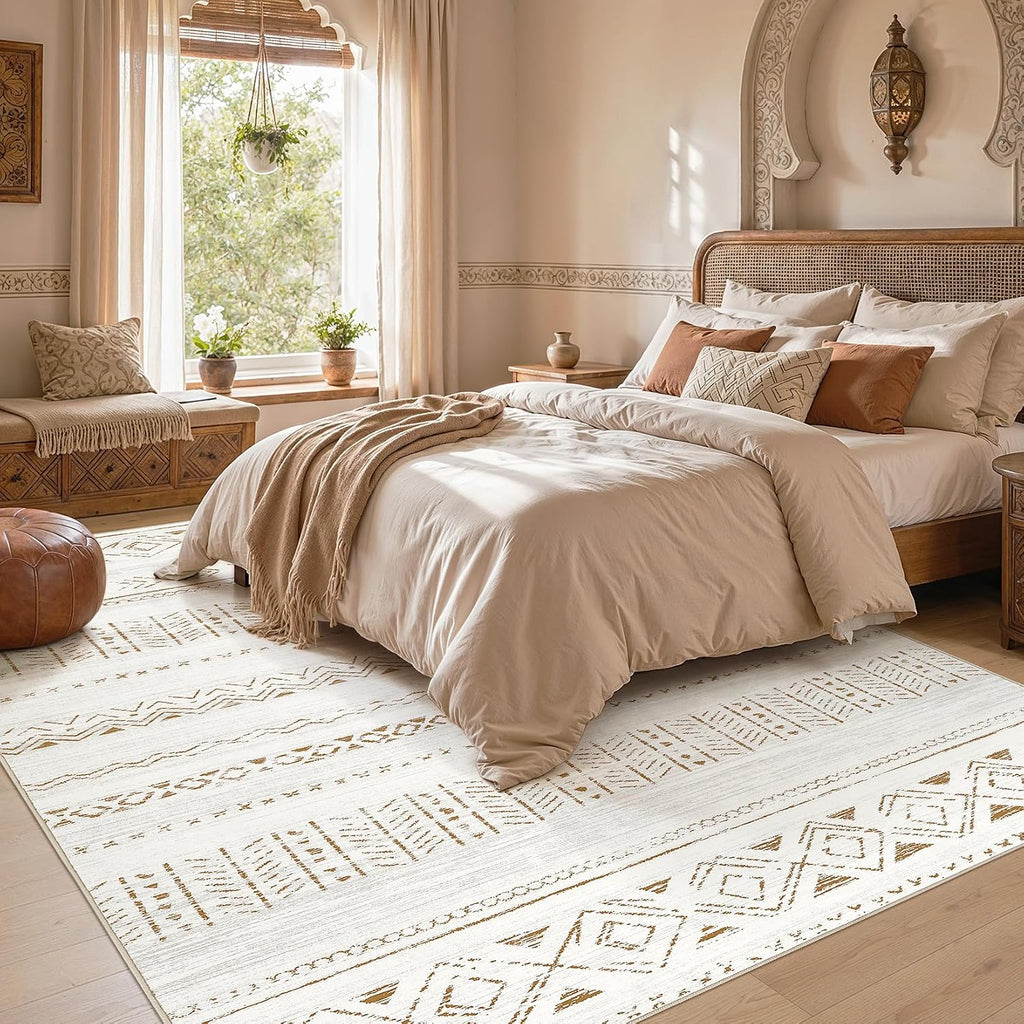 5X7 Area Rugs Living Room Rug: Washable Boho Rugs With Non Slip Backing Large Soft Indoor Stain Resistant Carpet For Bedroom Farmhouse Dining Room Lightweight Home Decor Brown/Cream