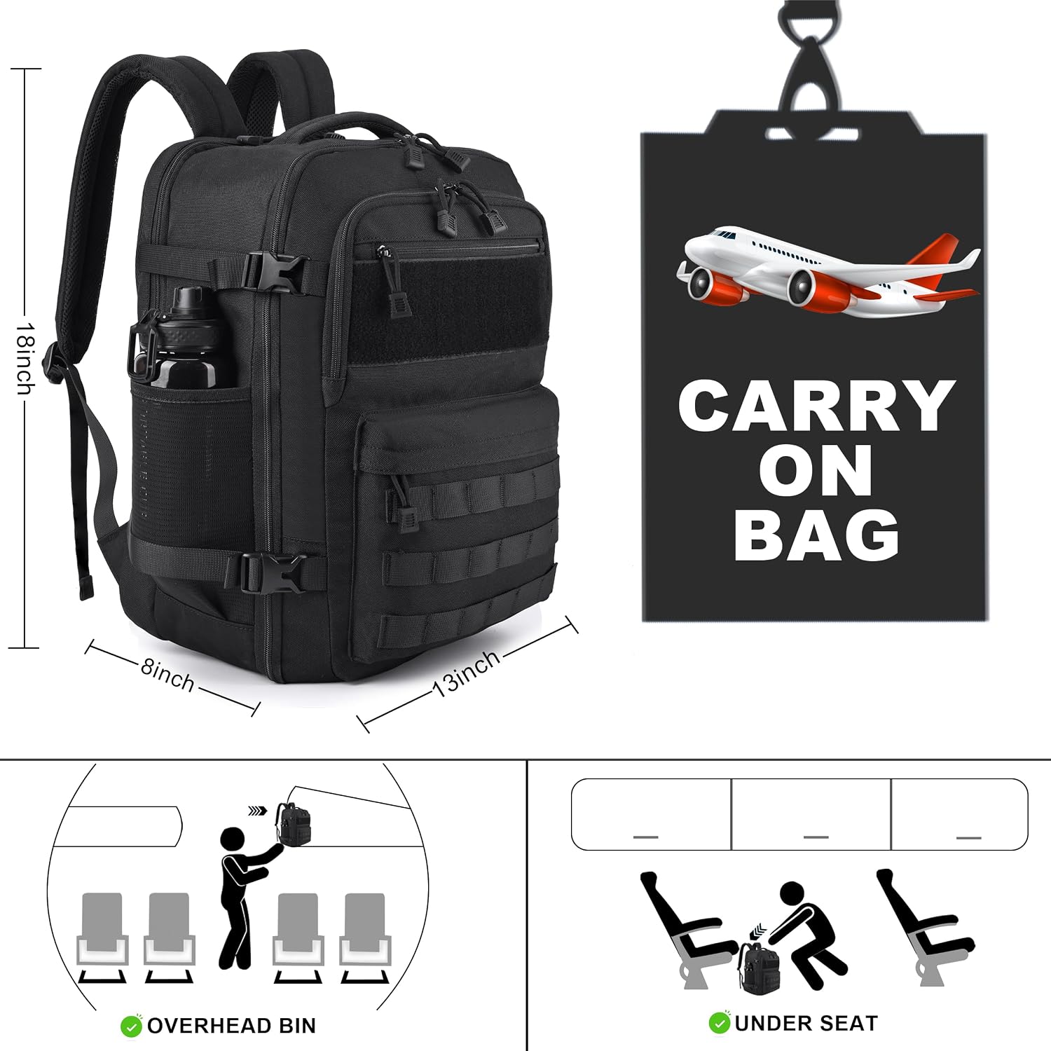 Tsa Approved Carry On Backpack, Extra Large Tactical Travel Backpack For Men, Airplane Approved Weekender Bag For Flight (Black)
