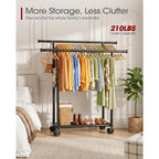 Double Rods Clothes Rack - Metal Clothing Rack With Fixed Double Rods, Rolling Wheels & Built-In Shelf For Closet, Bedroom, Laundry Storage (39" X 17" X 60", Black)