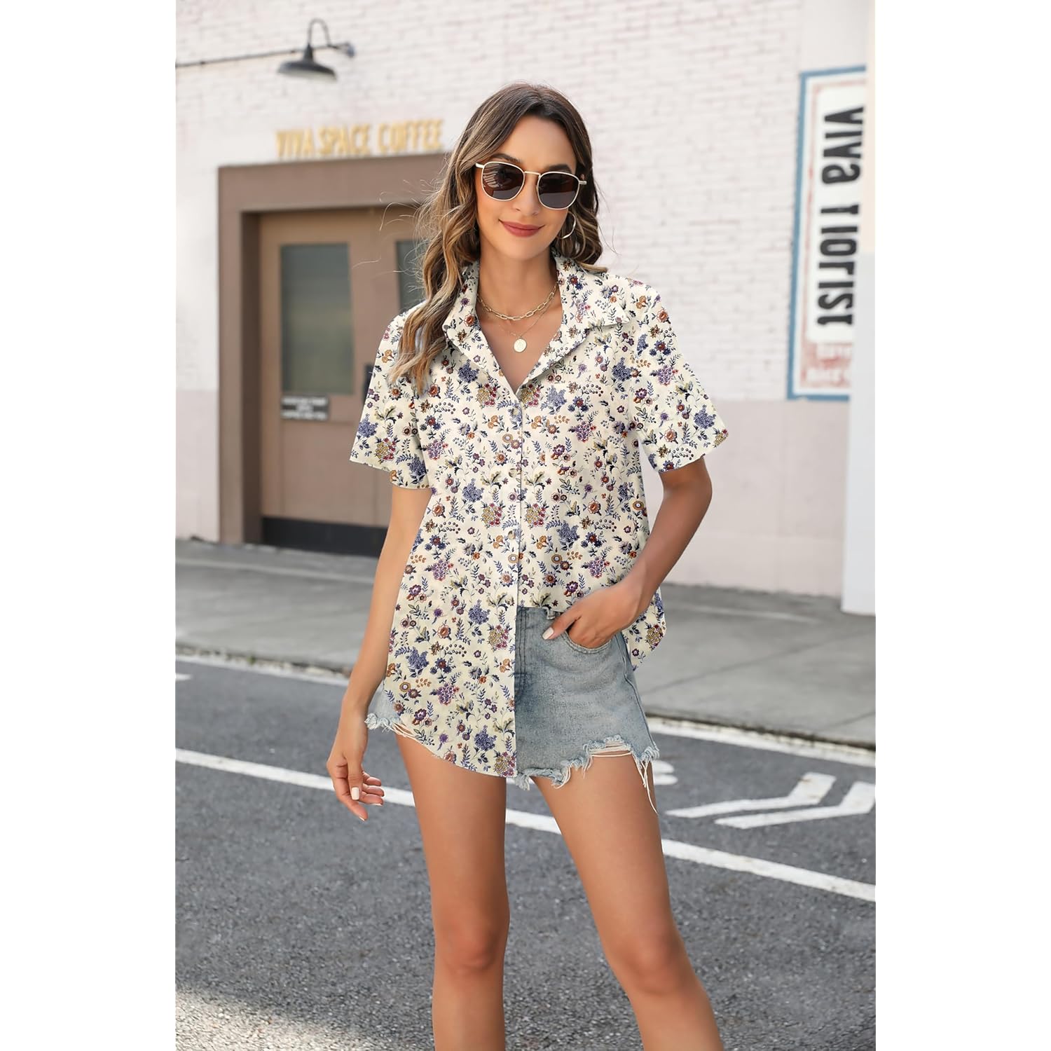 Cotton Linen Button Down Shirt for Women V Neck Collared Blouse Casual Short Sleeve Tops with Pocket