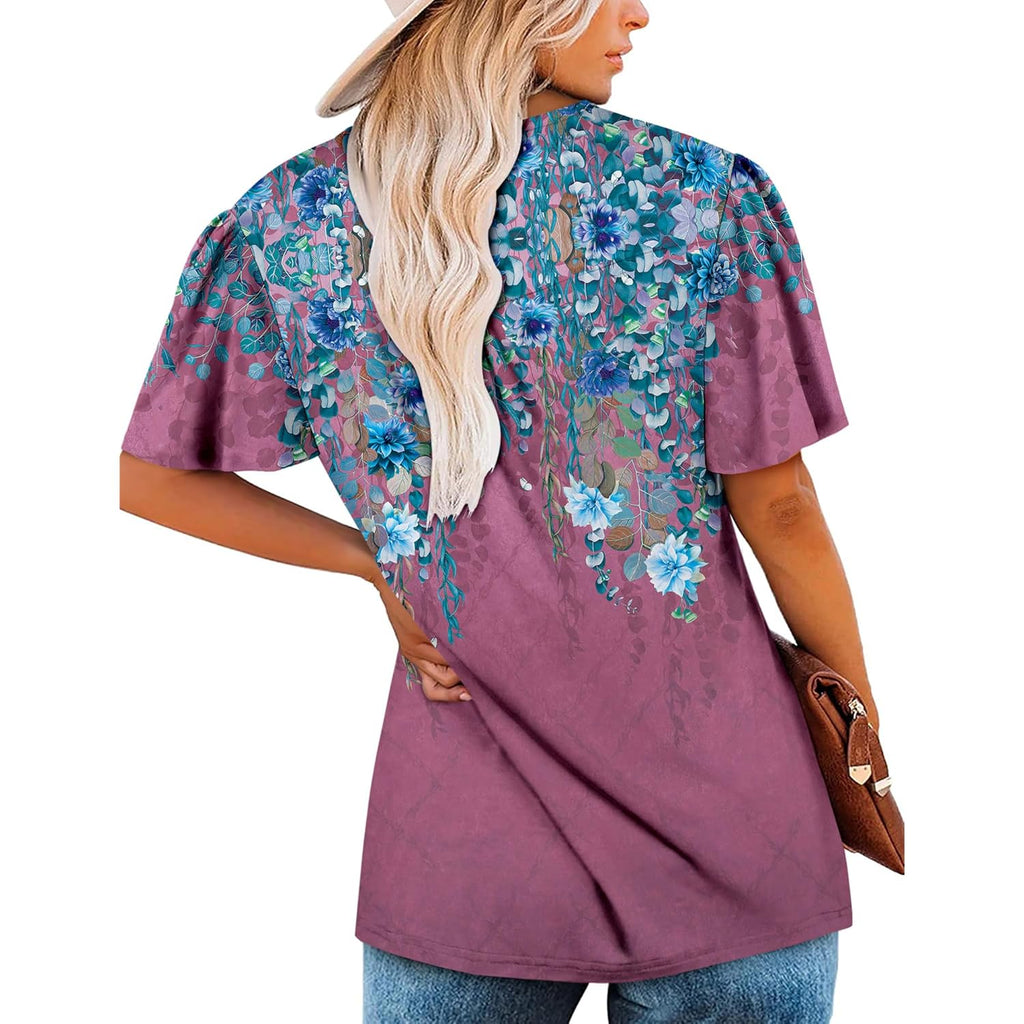 Women's Short Sleeve Summer Tunic Tops Flowy Flare Button Down Tunic Shirts Blouses S-3XL