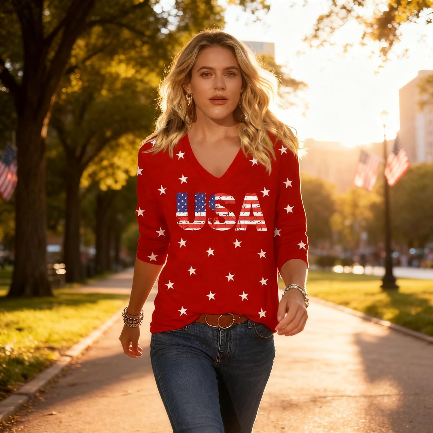 Vircreate Womens 3/4 Sleeve V Neck T-Shirts 4th of July Shirts American Flag Star Graphic Tee Tops