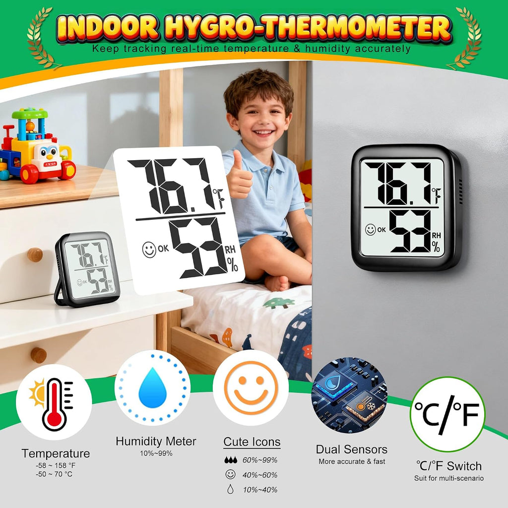 2 Pack Room Thermometer For Home, Hygrometer Indoor Humidity Meter Gauge, Digital Temperature And Humidity Monitor Sensor For House, Terrarium, Incubator, Greenhouse - Battery Included
