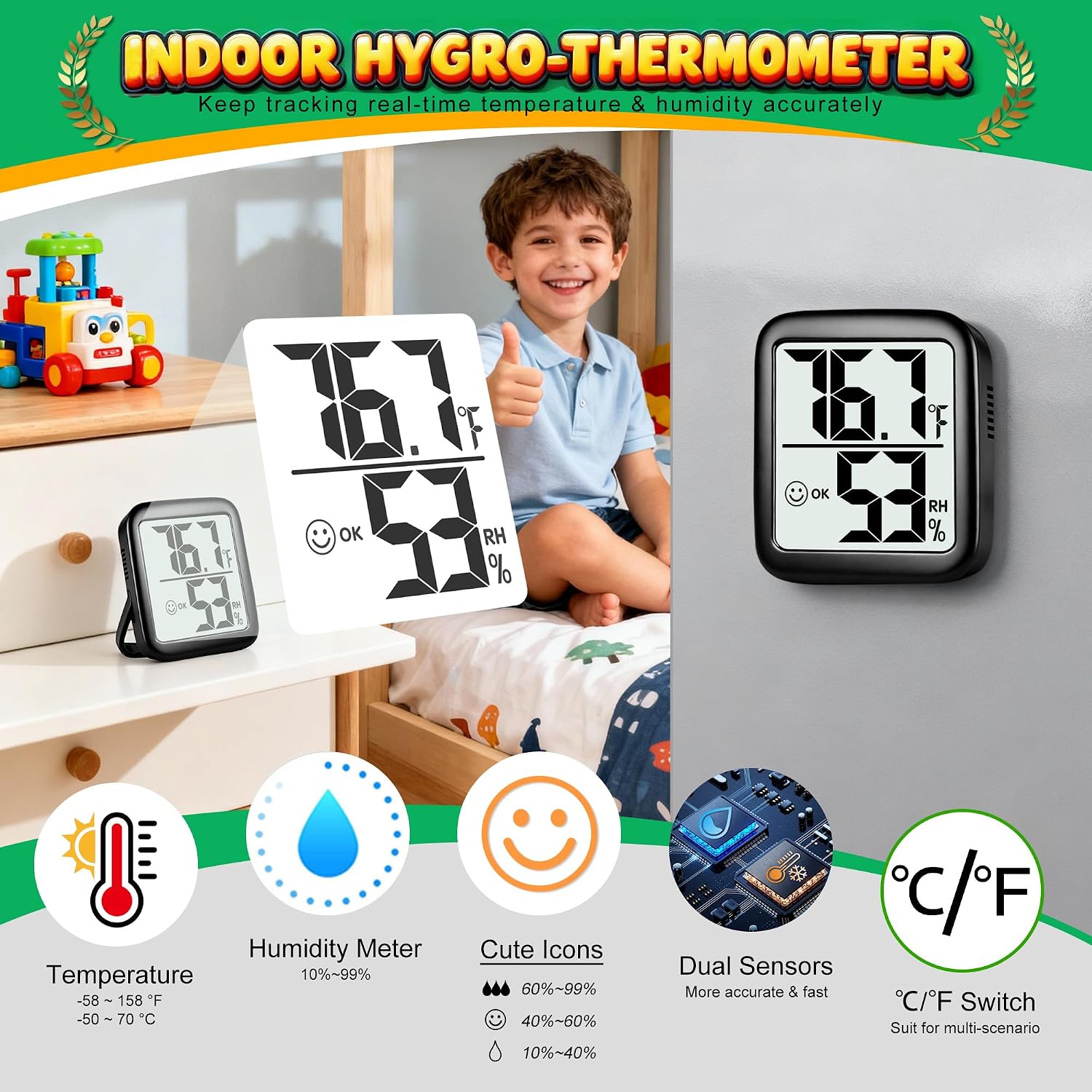 2 Pack Room Thermometer For Home, Hygrometer Indoor Humidity Meter Gauge, Digital Temperature And Humidity Monitor Sensor For House, Terrarium, Incubator, Greenhouse - Battery Included