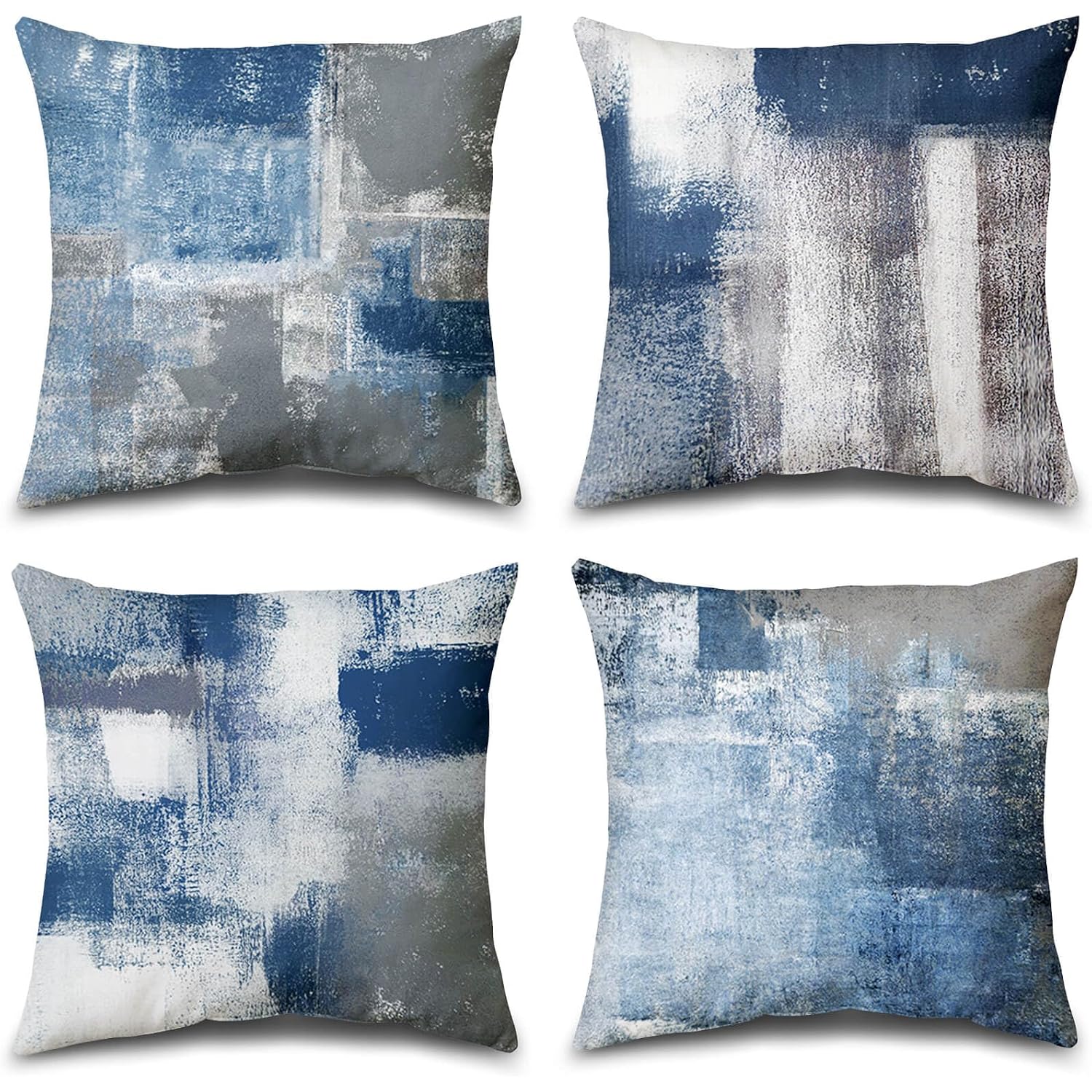 Set Of 4 Blue And Grey Abstract Art Artwork Pillow Cover 18 X 18 Inch, Gallery Modern Decorative Throw Pillows Cushion Cover For Bedroom Sofa Living Room
