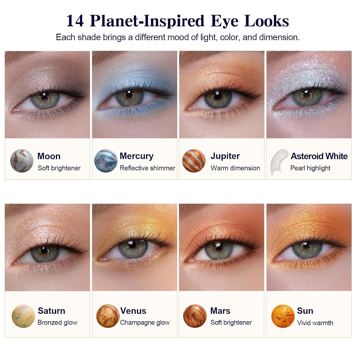 Tintark Galactic Assemble Eyeshadow Palette, 14 Solar System Shimmer Shades, 3D Planet Design, Wet Pressed Metallic Powder, Talc Free Vegan Galaxy Makeup Gift For Women Teens