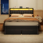 Queen Bed Frame With Charging Station And Led Lights, Grey Upholstered Headboard With Shelves, Metal Platform Bed With 2 Under-Bed Storage (Fabric Drawer On Wheels), No Box Spring Needed