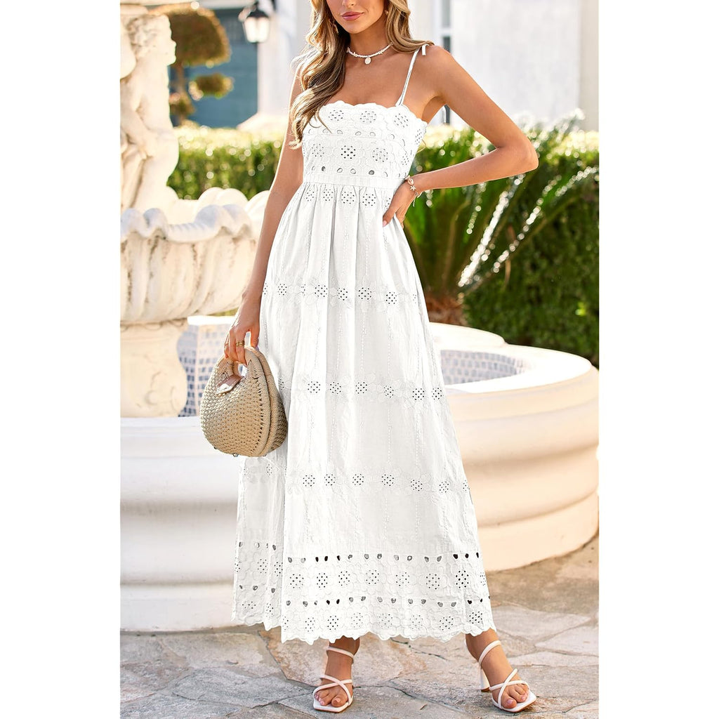 Dowerme Womens Summer Maxi Dresses 2026 Casual Spaghetti Strap Smocked Eyelet Cotton Dress Long Beach Vacation Sundress