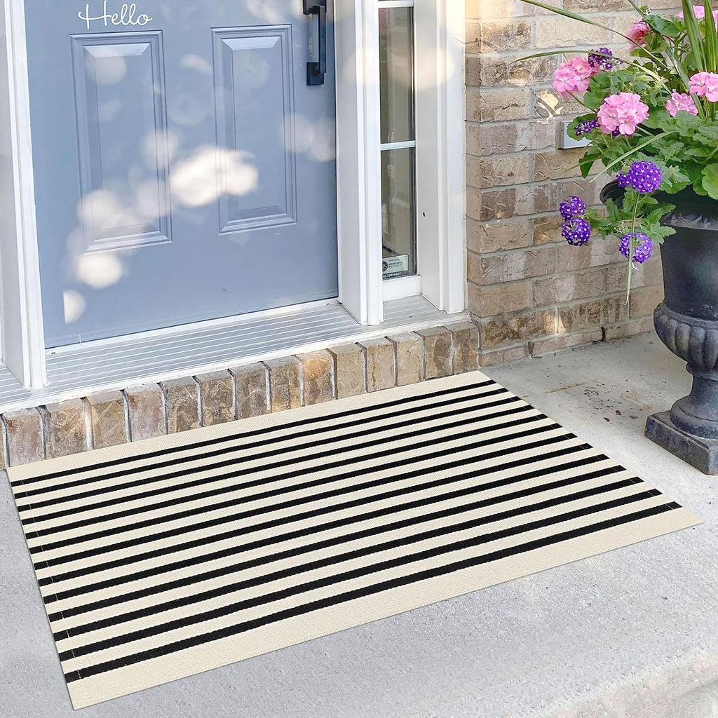 KILOCOCO Beige Striped Rug 2.3'x3.6' Indoor Outdoor Rugs Front Door Mat Hand Woven Cotton Washable Striped Layered Doormats for Front Porch/Kitchen/Farmhouse/Entryway/Patio