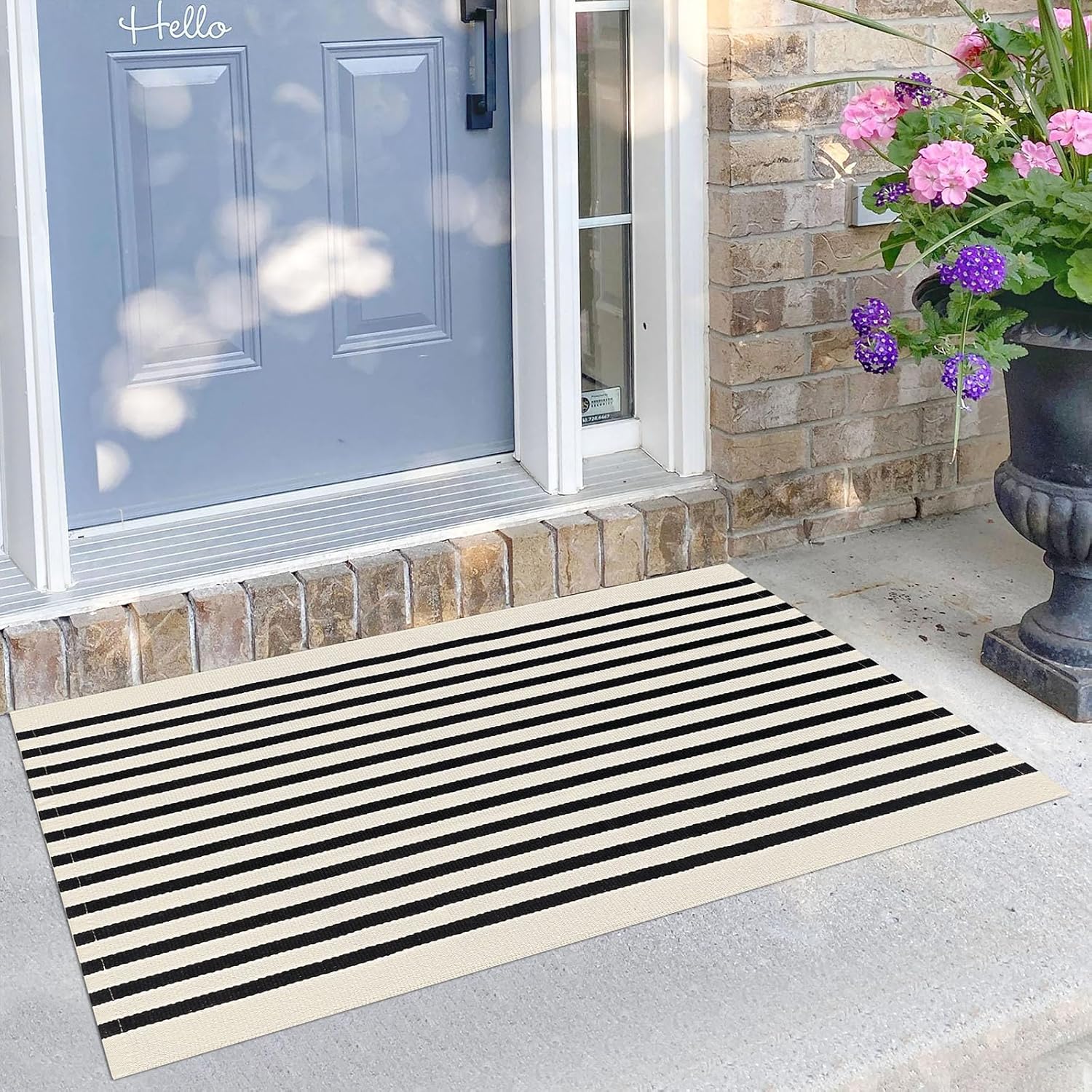KILOCOCO Beige Striped Rug 2.3'x3.6' Indoor Outdoor Rugs Front Door Mat Hand Woven Cotton Washable Striped Layered Doormats for Front Porch/Kitchen/Farmhouse/Entryway/Patio