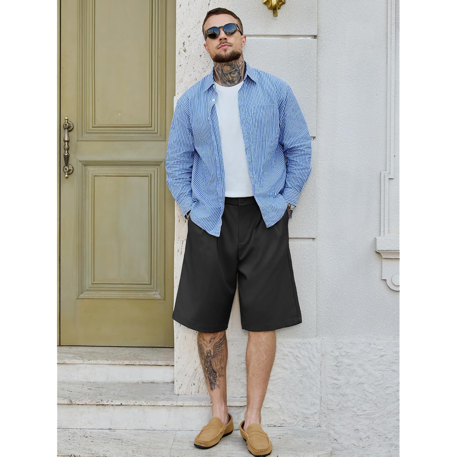 Plepan Men'S Baggy Wide Leg Casual Shorts Pleated Dress Business Elastic Waist Summer Shorts With Pockets