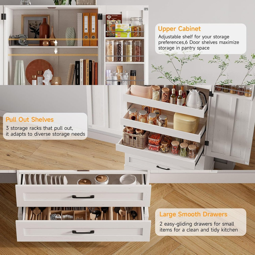 71" Tall Farmhouse Kitchen Pantry Cabinet With 3 Pull Out Shelves & 2 Large Drawers, Pantry Storage Cabinet With 6 Door Shelf & Adjustable Shelf, Freestanding Cupboard For Kitchen, Dining Room