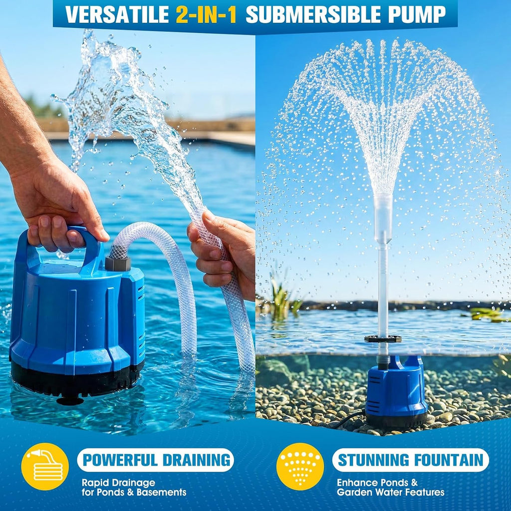 2-In-1 Pool Cover Pump With Fountain Lights, Submersible Water Pump Swimming Water Removal Pumps, Pond Pump And Fountain Pump Kit, Sump Pumps For Pool Draining, Auto Water Sensor, 16Ft Hose-Deep Blue