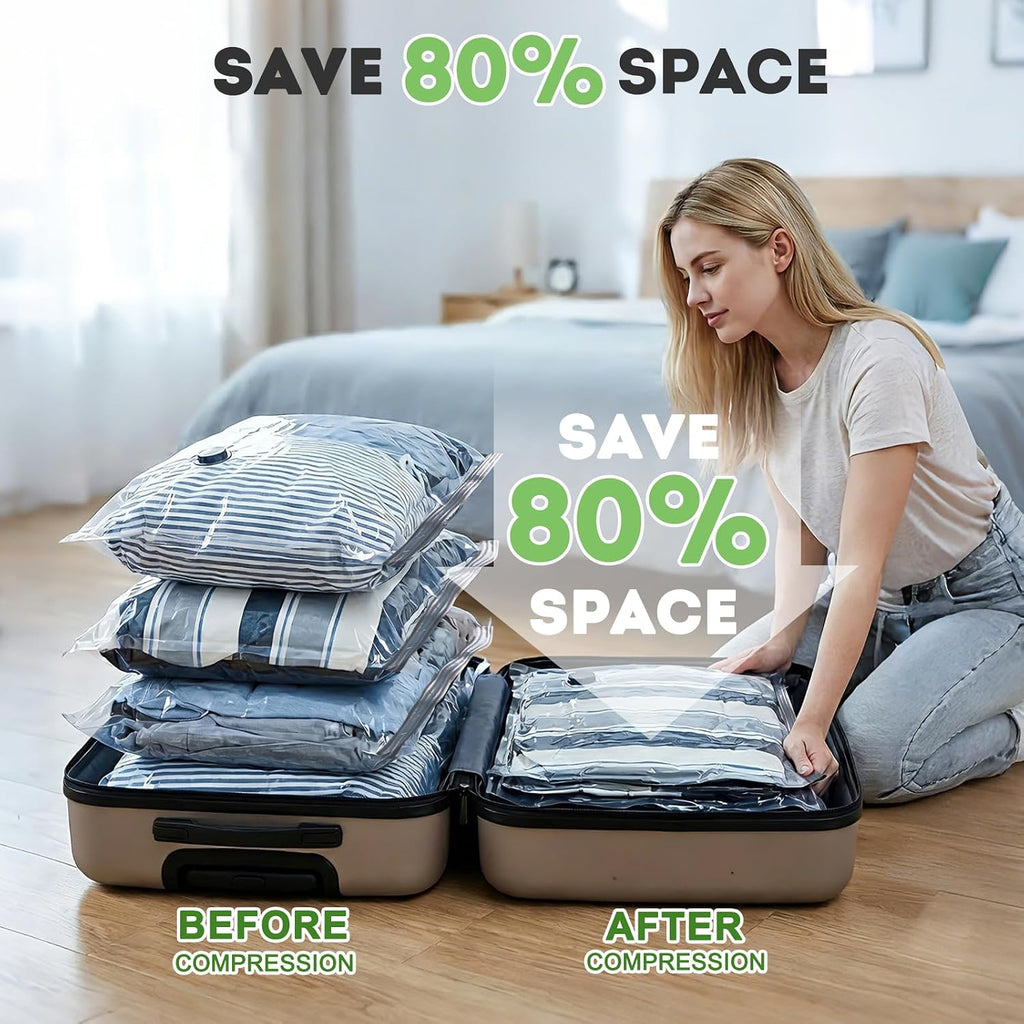 15 Pack Vacuum Seal Bags For Clothing Travel With -60000Pa Usb Pump, Save 80% Of Space For Clothes (15 Combo Size)