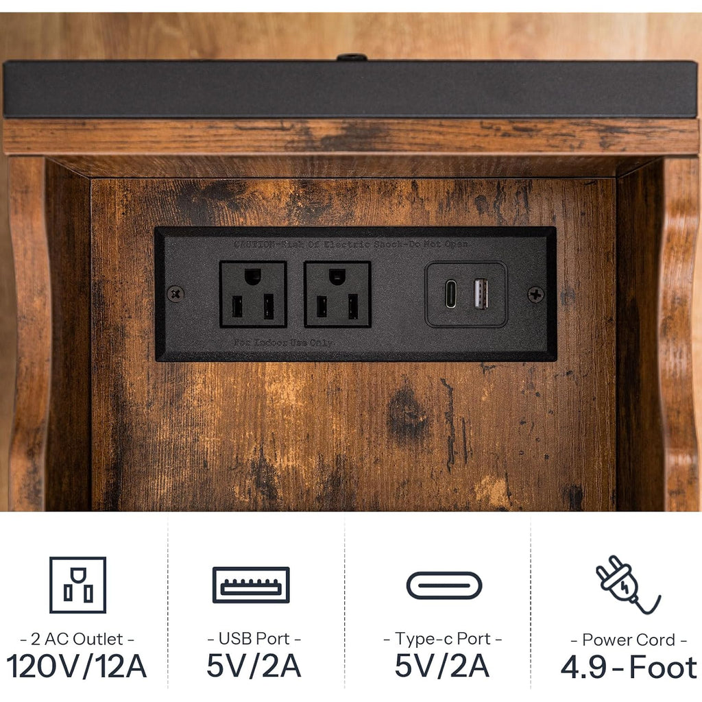 Hoobro End Table With Charging Station, Narrow Side Table, Flip Top Nightstand With Usb Ports And Outlets, Bedside Tables With Shelf For Small Spaces, Living Room, Rustic Brown Bf341Bz01