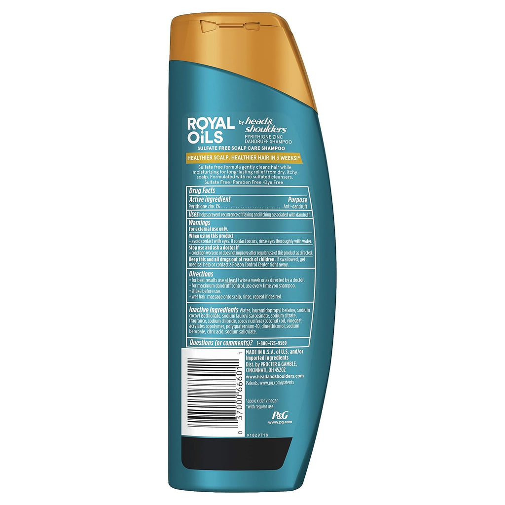 Head & Shoulders Anti-Dandruff Shampoo, Royal Oils Moisturizing Shampoo, 1% Pyrithione Zinc, Curly & Coily Hair, Coconut, Apple Cider Vinegar, Sulfate-Free, 12.8 Fl Oz