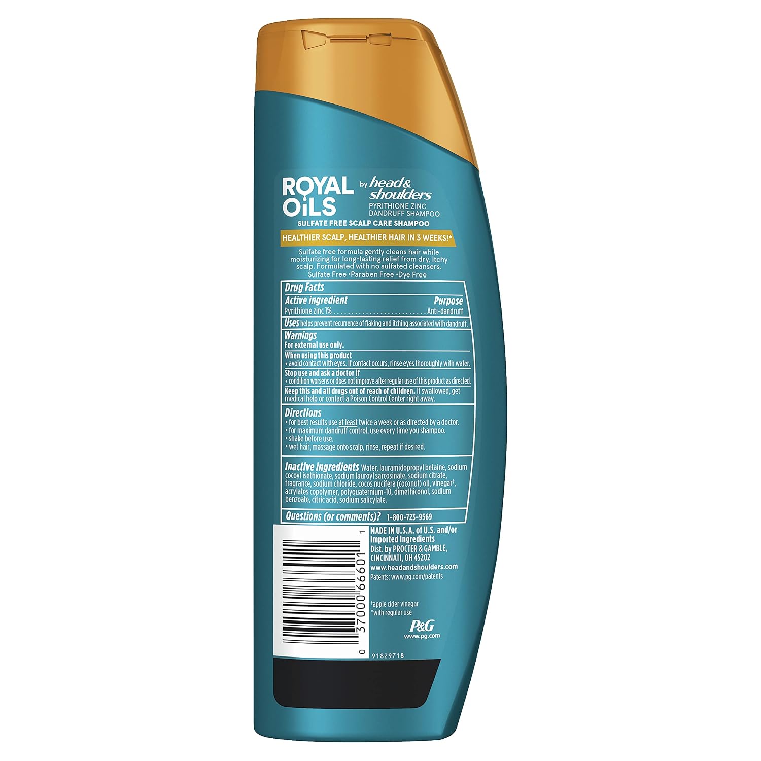 Head & Shoulders Anti-Dandruff Shampoo, Royal Oils Moisturizing Shampoo, 1% Pyrithione Zinc, Curly & Coily Hair, Coconut, Apple Cider Vinegar, Sulfate-Free, 12.8 Fl Oz
