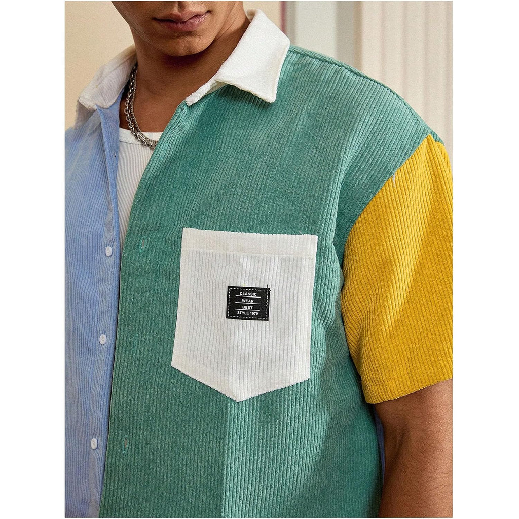 Gorglitter Men'S Striped Cropped Shirt Button Down Cool Short Sleeve Colorblock Collar Casual Streetwear Crop Top Tee
