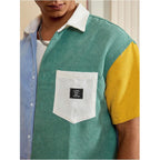 Gorglitter Men'S Striped Cropped Shirt Button Down Cool Short Sleeve Colorblock Collar Casual Streetwear Crop Top Tee