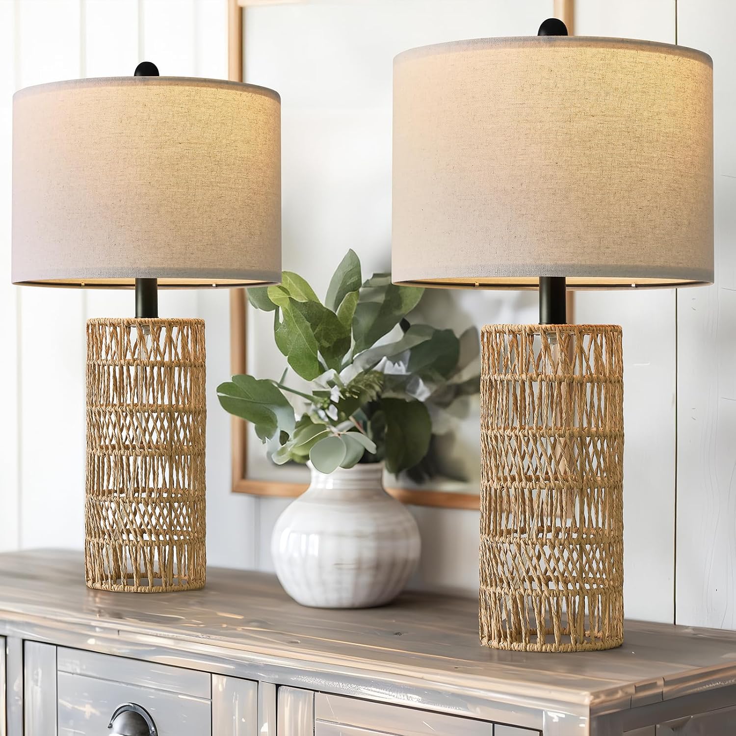22.5" Boho Table Lamps Set Of 2 For Living Room, Bedside Lamp For Nightstands, Rattan Lamp For Bedroom, Farmhouse Table Lamp For Room Decor, End Table, Retro, Brown（Not Include Bulbs）