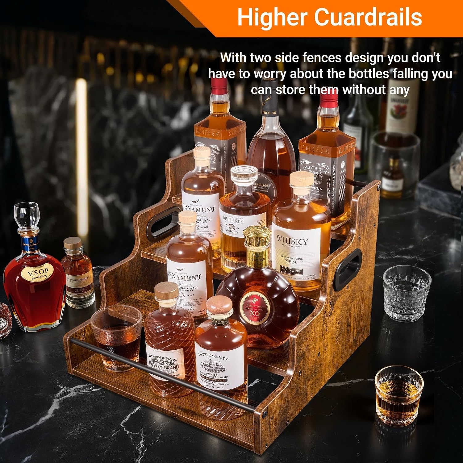 4-Tier Liquor Bottle Display Shelf, Spice Rack - 16-Inch Coffee Syrup Organizer Rack - Heavy-Duty Countertop Bar Shelves For Liquor Whiskey, Spirits, Syrup Wine Dressing