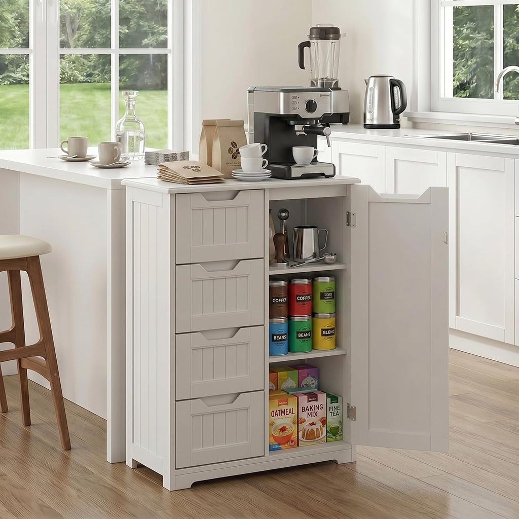 Gizoon Small Kitchen Coffee Bar Cabinet With Door And Shelves, Kitchen Sideboard Buffet Cabinet With 4 Drawers Small Pantry For Kitchen And Living Room, White, Painted