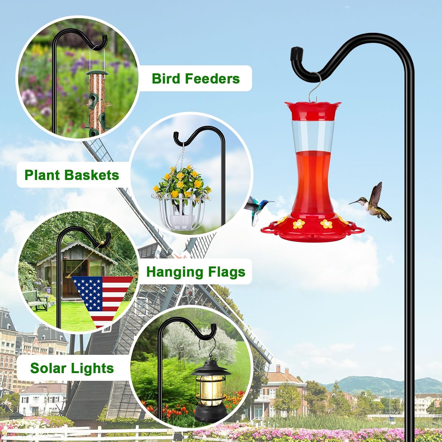 76'' Bird Feeder Pole, Heavy Duty Shepherds Hooks For Outdoor With 7-Prong Base, Adjustable Shepherds Hook For Hummingbird Feeder, Lanterns, Plants, Wedding Decor (1 Pack)