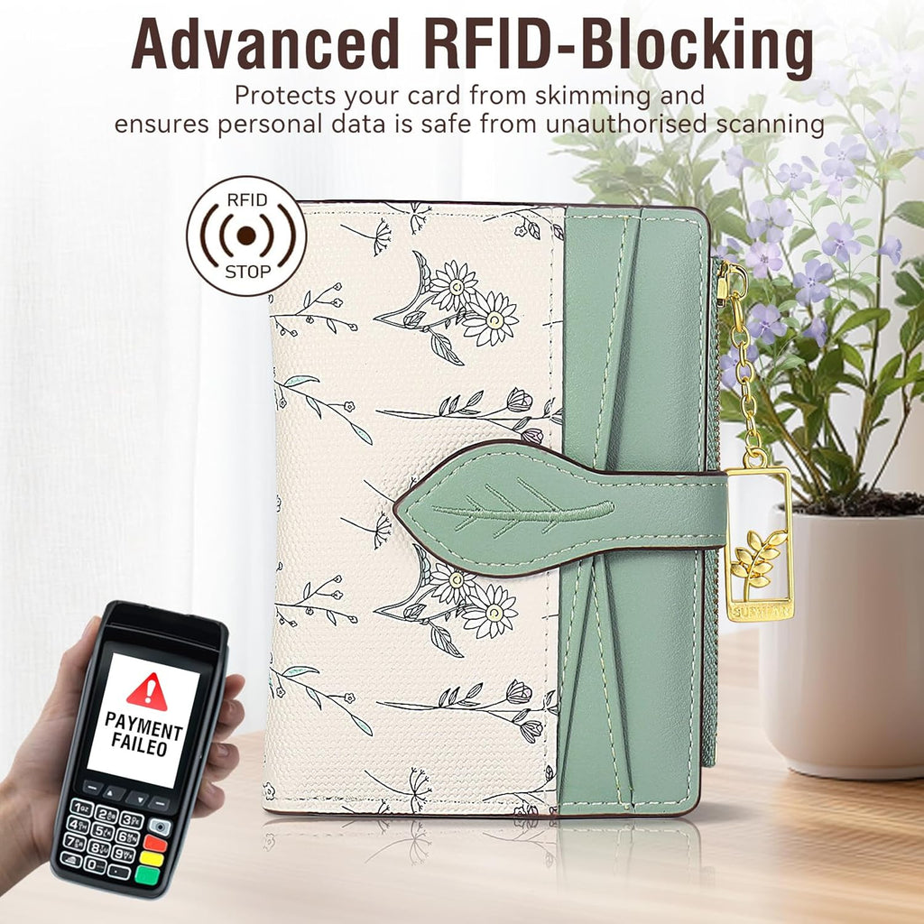 Wallets for Women- RFID Blocking- Soft PU Leather Bifold Coin Zipper Pocket Purse-Small flower wallet Credit Card Holder with ID Window (Green)