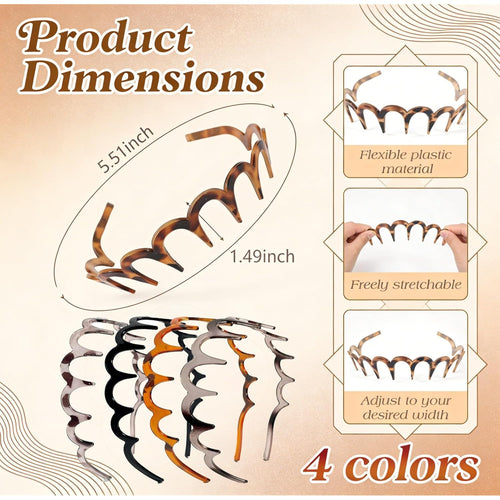 4PCS U-Shaped Hair Comb Headbands 2026 Zigzag Headbands for Women Non-Slip Slick-Back Hair Accessories Black & Tortoise Recycled Plastic Teeth Hairband for Everyday Styling & Workout (Tortoiseshell)