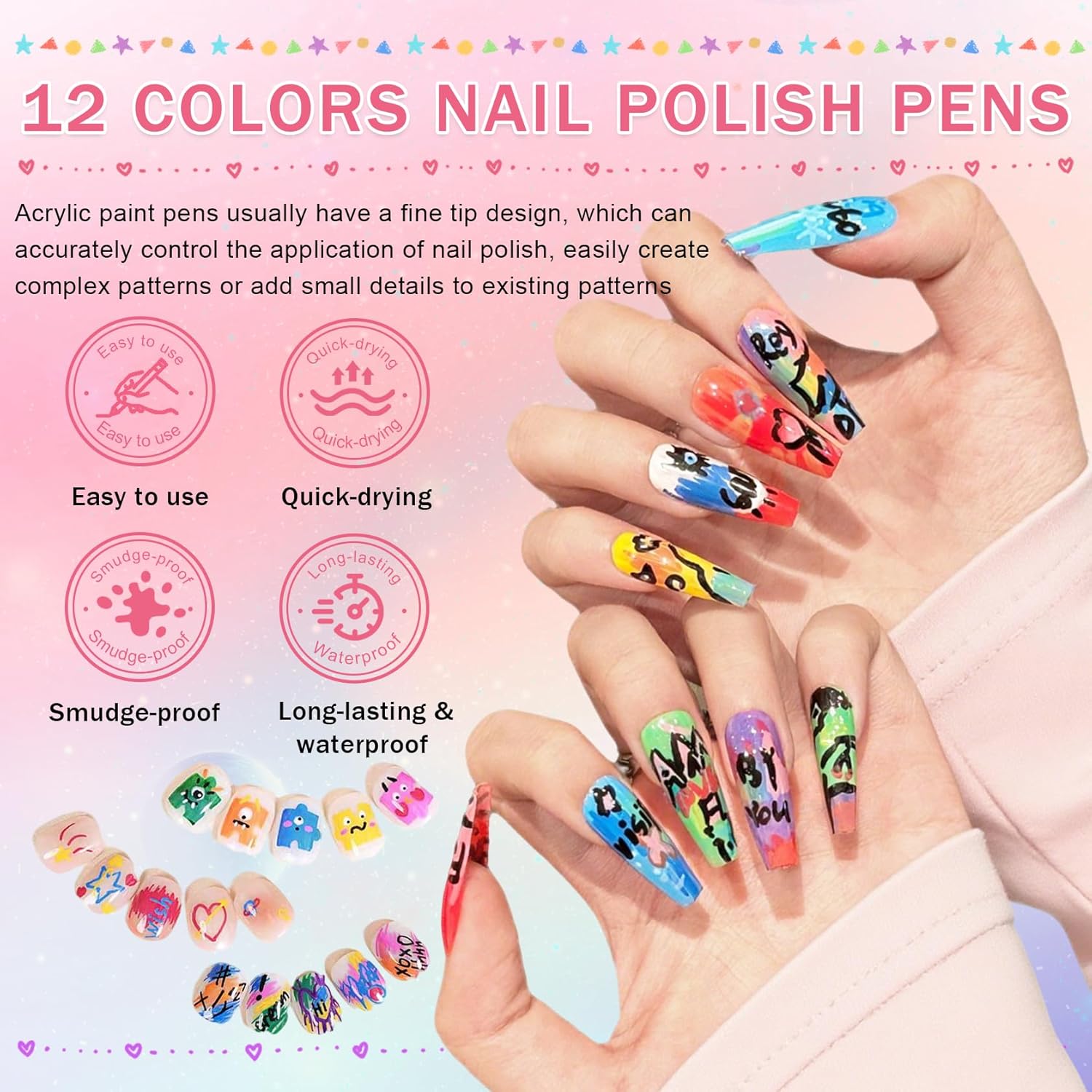 IONSGAKO 12 Colors Nail Art Pens Set, Nail Polish Pens for Nail Art Quick Drying 3D Acrylic Paint Markers for Painting Dotting Liner Pen Nail Salon DIY Design Kit 0.7mm