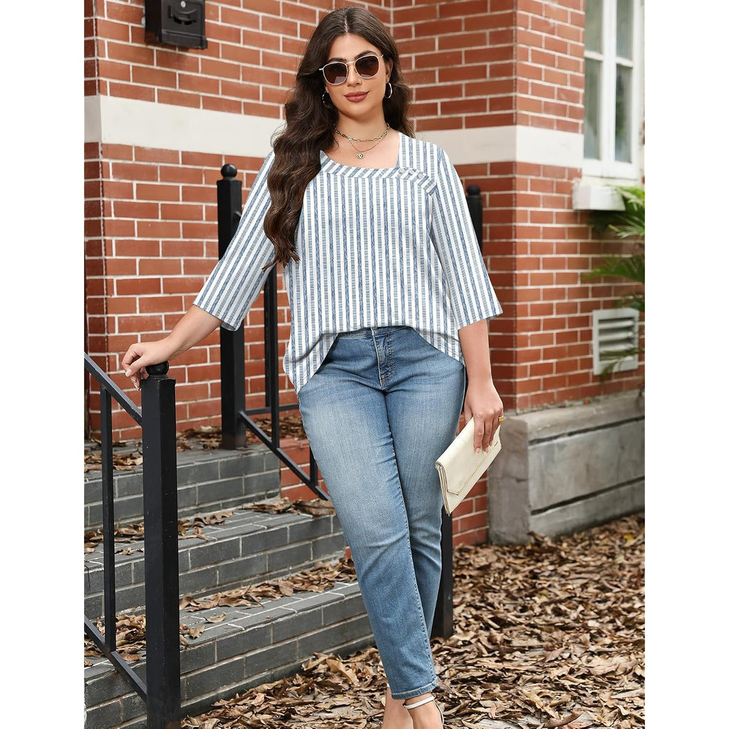 Lomon Womens Plus Size Tops 3/4 Length Sleeve T Shirts Asymmetrical Neck Blouses For Women Fashion 2026