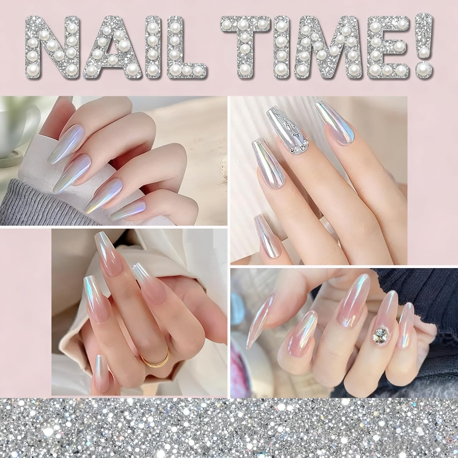 White Pearl Chrome Nail Powder, Iridescent Aurora Chrome Powder Metallic Mirror Effect, Pearlescent Mermaid Dip Powder Nail Art Decoration, Chrome Powder for Nails, Nail Charms, 3g(300+ Nails)