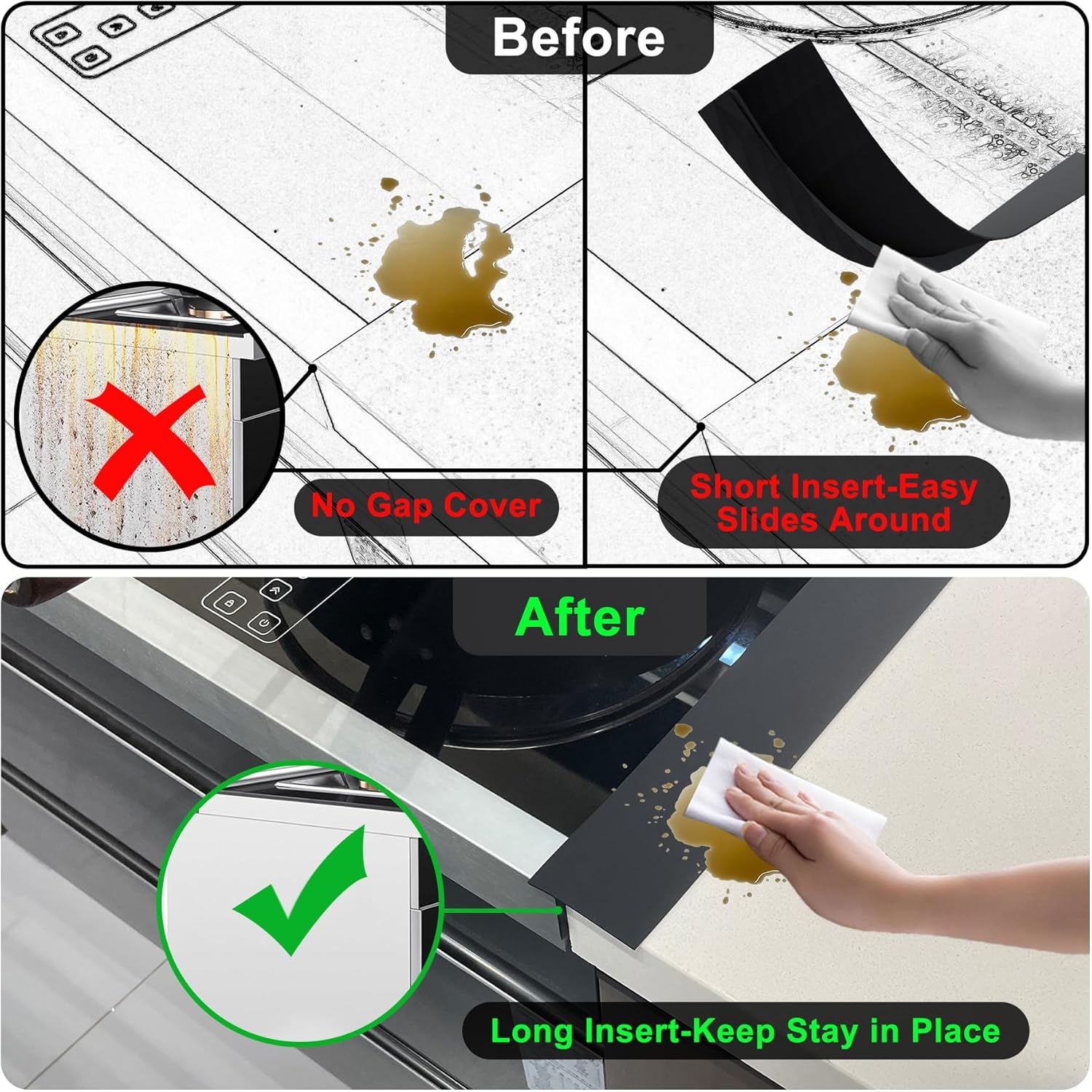 Silicone Stove Counter Gap Cover / Filler by Kindga 25" Long, Sealing Spills Between Kitchen Appliances Washing Machine and Stovetop, Set of 2 (Black)