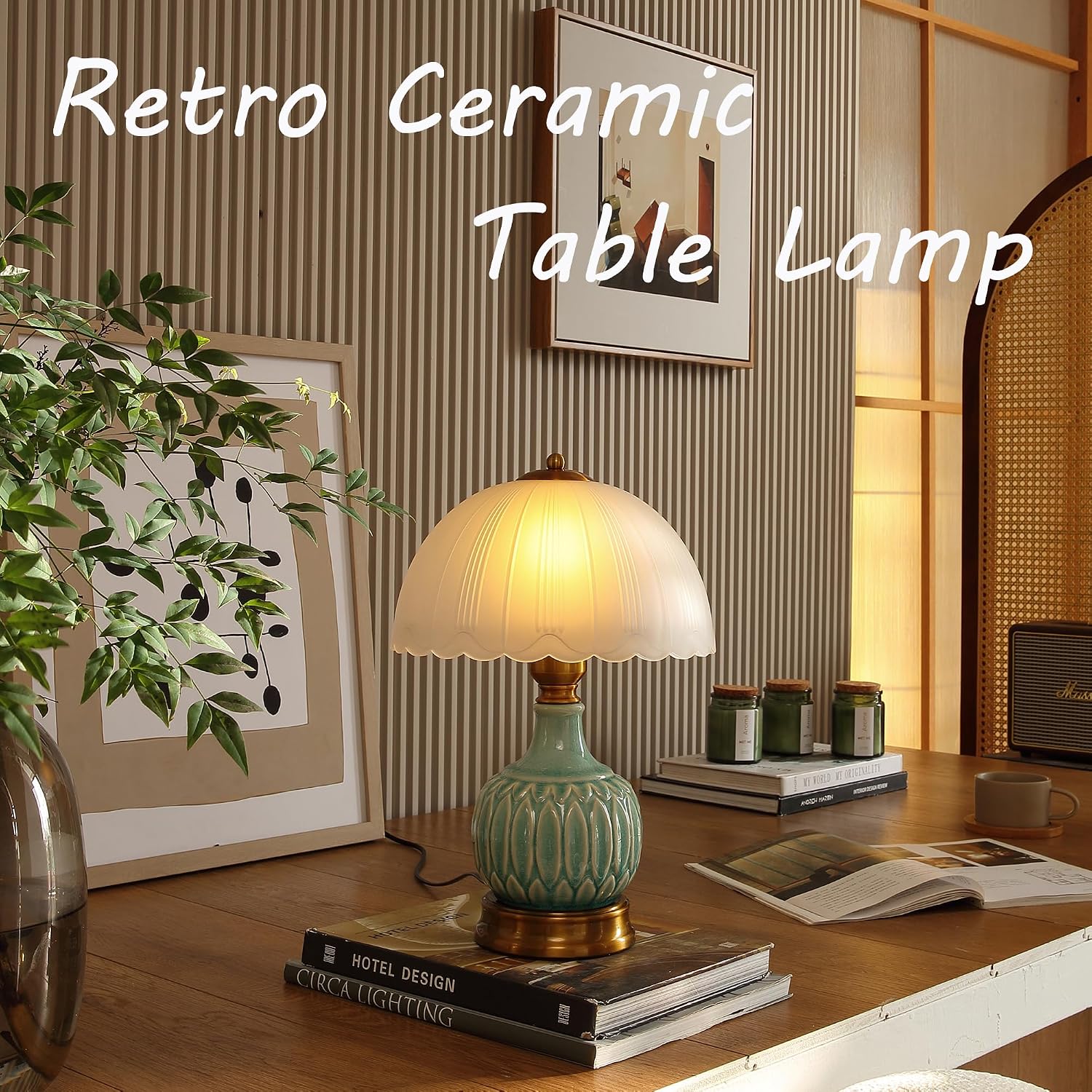 Glivpny Vintage Table Lamp For Living Room,16" Mid Century Modern Ceramic Lamps For Bedroom,Retro Bedside Nightstand Mushroom Glass Lamps, Classic Chinoiserie Green Lamp For Home Decor (Ld002)