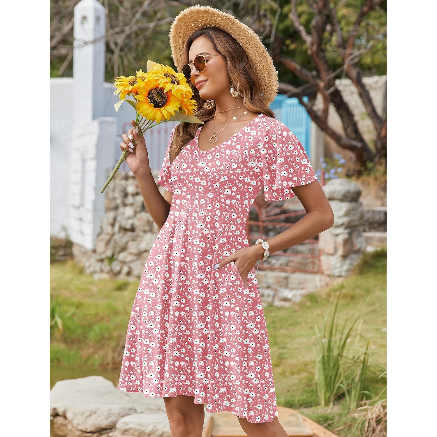 Zeagoo Womens Summer Dress Casual Swing Sundresses Floral Ruffle Short Sleeve Wedding Guest Dress Beach Mini Dress 2026