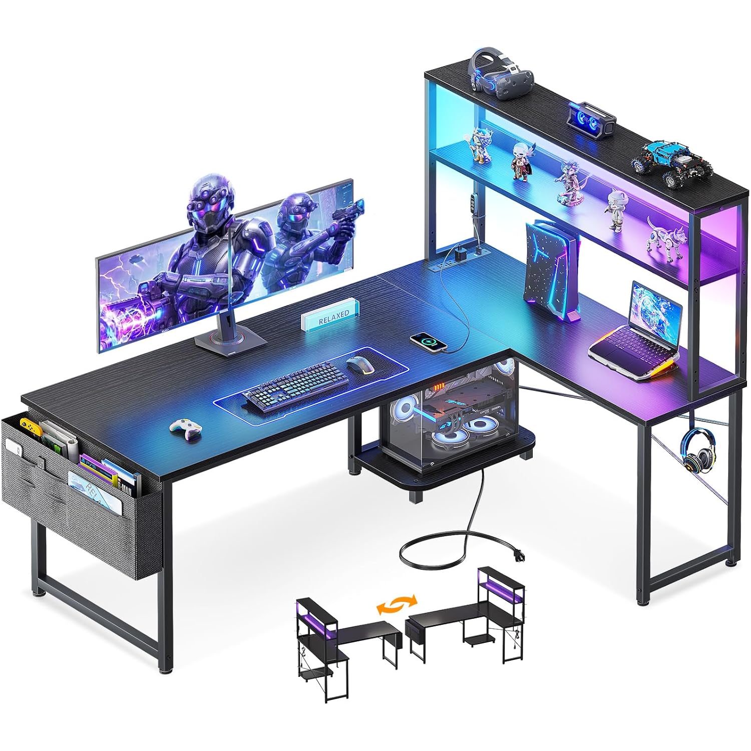 ODK 53 Inch L Shaped Gaming Desk with LED Lighting, Reversible Desk with Power Outlets, Cornor Computer Table with Storage Shelves & Bag & Iron Hook, Home Office Table for Writing, Study, Black