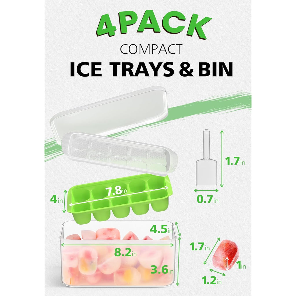 DOQAUS Ice Cube Tray with Lid and Bin - 4 Pack Ice Bucket Kits, Stackable Silicone Ice Trays for Freezer, Easy Pop Out, BPA Free for Cocktail, Coffee, Soup, Food, RV, Kitchen